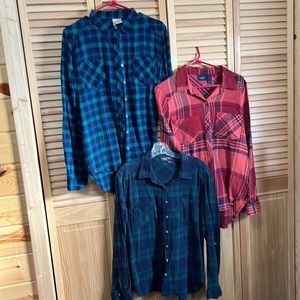 DAYTRIP (2). PASSPORT (1).  THREE PLAID SHIRTS BUNDLE. ALL SIZE LARGE.